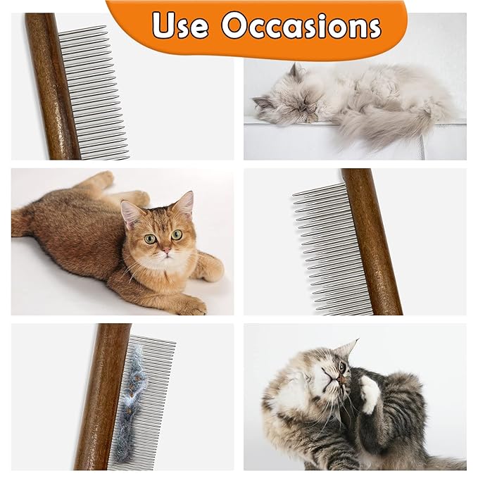 3 Pack Solid Wood Cat Combs, Stainless Steel Teeth for Cat Dog Rabbit Massage, Flea Lice Comb Removes Mats, Tangles and Loose Fur, Grooming Comb for Small Medium Pets-PurrikoPets