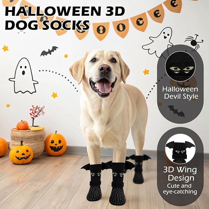 EXPAWLORER Halloween Anti Slip Dog Socks to Prevent Licking Paws, Boots & Paw Protectors with Grippers,Doggie Booties for Hardwood Floors for Small Medium Large Senior Dogs Costume Black Devil Wings M-PurrikoPets