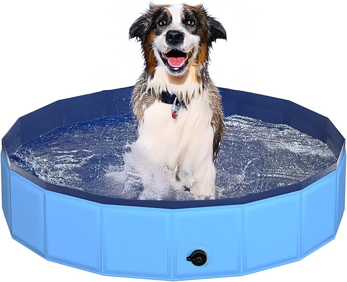 39.5" x 12" Foldable Dog Pool - Collapsible Hard Plastic Kiddie Pool for Dogs & Kids, Non-Slip Pet Bath Tub for Outdoor Backyard Use, Lightweight & Portable (Blue)-PurrikoPets
