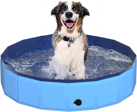 39.5" x 12" Foldable Dog Pool - Collapsible Hard Plastic Kiddie Pool for Dogs & Kids, Non-Slip Pet Bath Tub for Outdoor Backyard Use, Lightweight & Portable (Blue)-PurrikoPets