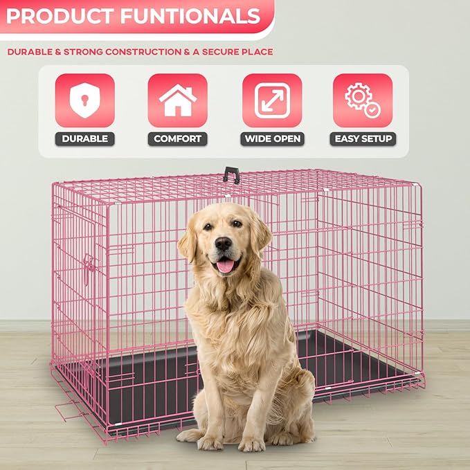 FDW Dog Crate for Large Dogs 48 Inch Folding Metal WirePet Cage Double Door W/Divider Panel Indoor Outdoor Kennel Leak-Proof Plastic Tray,Pink-PurrikoPets