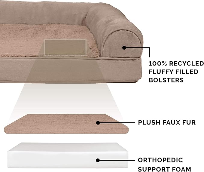 Furhaven Orthopedic Dog Bed for Large Dogs w/ Removable Bolsters & Washable Cover, For Dogs Up to 125 lbs - Plush & Suede Sofa - Almondine, Jumbo Plus/XXL-PurrikoPets