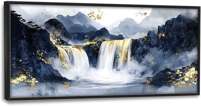 Extra Large Abstract Golden Waterfall Framed Wall Art for Living Room,Oversized Foggy Mountain Pictures Wall Decor,Canvas Print Painting Modern Artwork Bedroom Office Bathroom 60L" x 30W"-PurrikoPets