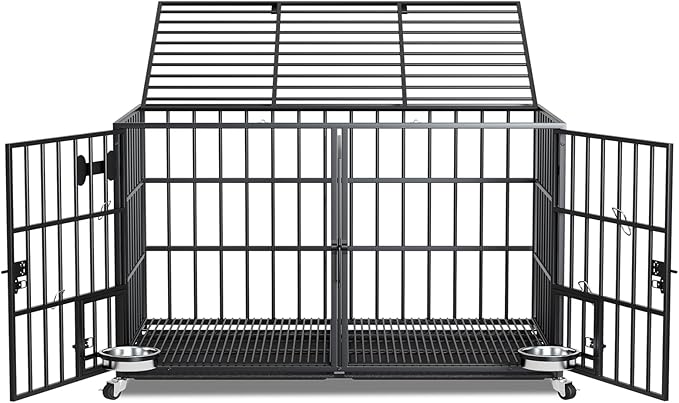 54 inch XL Dog Crate for Large Dog/Double Medium Dogs,Heavy Duty Metal Dog Cages,All Metal Open Top,Dog Kennel Indoor with Wheels,Floor Grid, Tray, Divider and Feeding Bowl-PurrikoPets