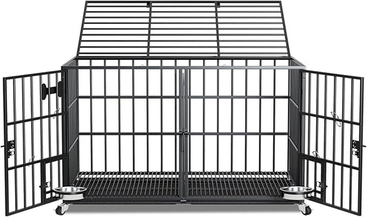 54 inch XL Dog Crate for Large Dog/Double Medium Dogs,Heavy Duty Metal Dog Cages,All Metal Open Top,Dog Kennel Indoor with Wheels,Floor Grid, Tray, Divider and Feeding Bowl-PurrikoPets