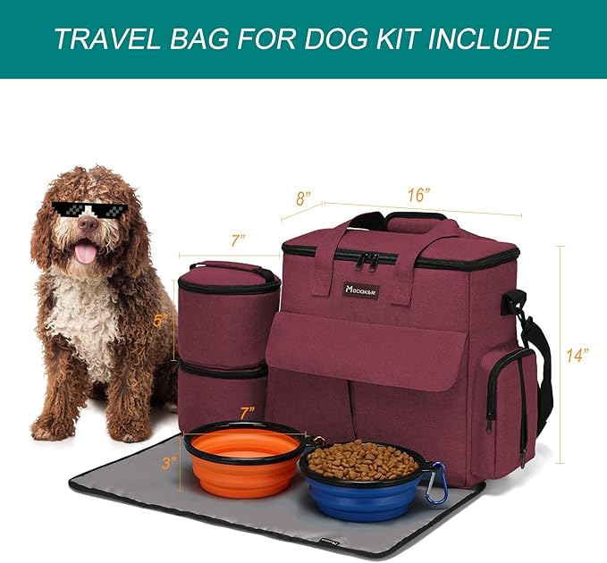 Airline Approved Pet Travel Bag, Weekend Travel Set for Dog and Cat, Airline Approved Tote Organizer with Multi-Function Pockets, 2 Dog Food Storage Containers, 2 Collapsible Bowls (Rose Red)-PurrikoPets