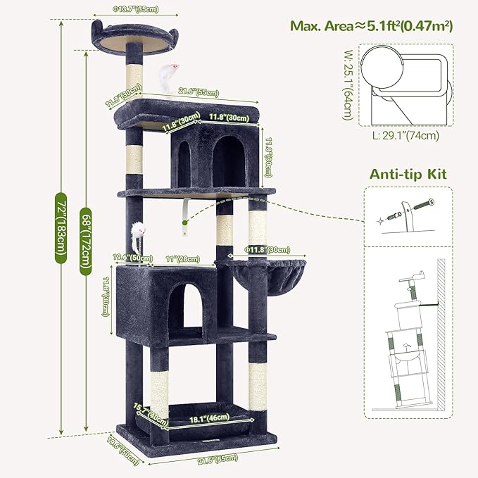 Globlazer Heavy Duty Cat Trees for Large Cats, Sturdy 72in Maine Coon Cat Tree for Large Cats 20 lbs+ Heavy Duty Cat Tower for Adult Biggest Cat with 6 Scratching Posts, Hammock, S72, Smoky Gray-PurrikoPets