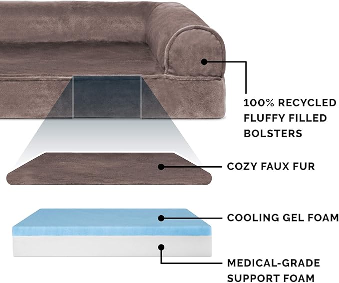 Furhaven Cooling Gel Dog Bed for Large/Medium Dogs w/ Removable Bolsters & Washable Cover, For Dogs Up to 55 lbs - Faux Fur & Velvet Sofa - Driftwood Brown, Large-PurrikoPets
