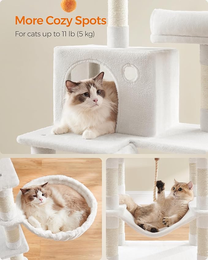 Feandrea Cat Tree, 66.1-Inch Large Cat Tower with 13 Scratching Posts, 2 Perches, 2 Caves, Basket, Hammock, Pompoms, Multi-Level Plush Cat Condo for Indoor Cats, Cream White UPCT165T01-PurrikoPets