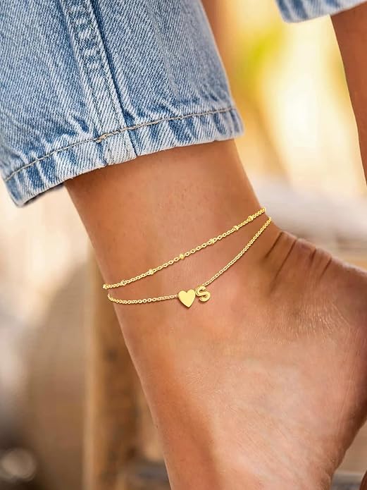 Suplight Stainless Steel Initial Ankle Bracelets for Women Layered Dainty Heart Anklet Beaded Anklets for Women Waterproof Plus Size Ankle Foot Chain Summer Essentials Jewelry(with Gift Box)