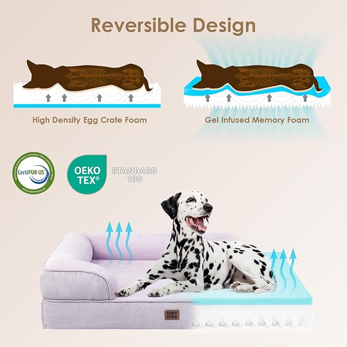 EHEYCIGA Orthopedic Dog Beds for Large Dogs, Waterproof Memory Foam Large Pet Bed with Sides, Non-Slip Bottom and Egg-Crate Foam Dog Couch Bed with Washable Removable Cover, Lilac-PurrikoPets