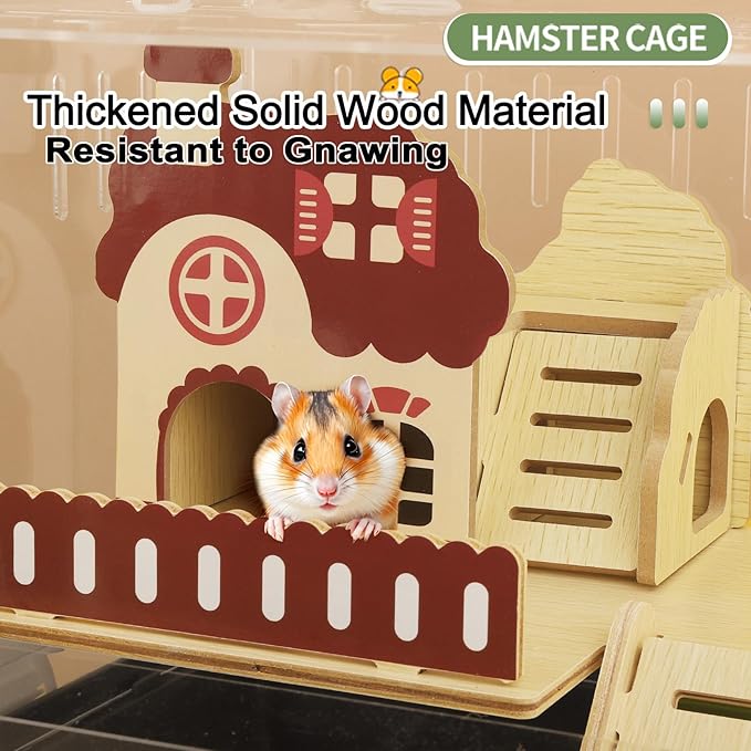 8 in 1 Clear Acrylic Hamster Cage with All Accessories,13.5''L* 10''W* 13''H Dwarf Hamster Cage,Small Hamster Habitat,Garden Style Mouse Cage for Pet Mice,Hamster Enclosure with Stairs(1-Layer)-PurrikoPets