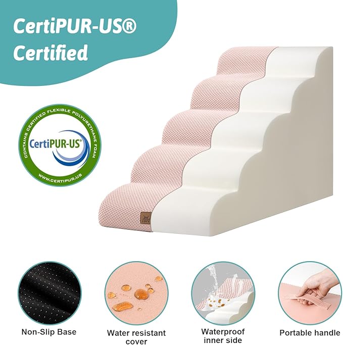 Dog Stairs for High Bed 22.6" H, Small Dog Step for Puppy, Older or Cat, Curved Ramp for Car, Ladder with High Density Foam, Lightweight, Durable, 15.7x33x22.6 inch, 5 Step, Pink-PurrikoPets