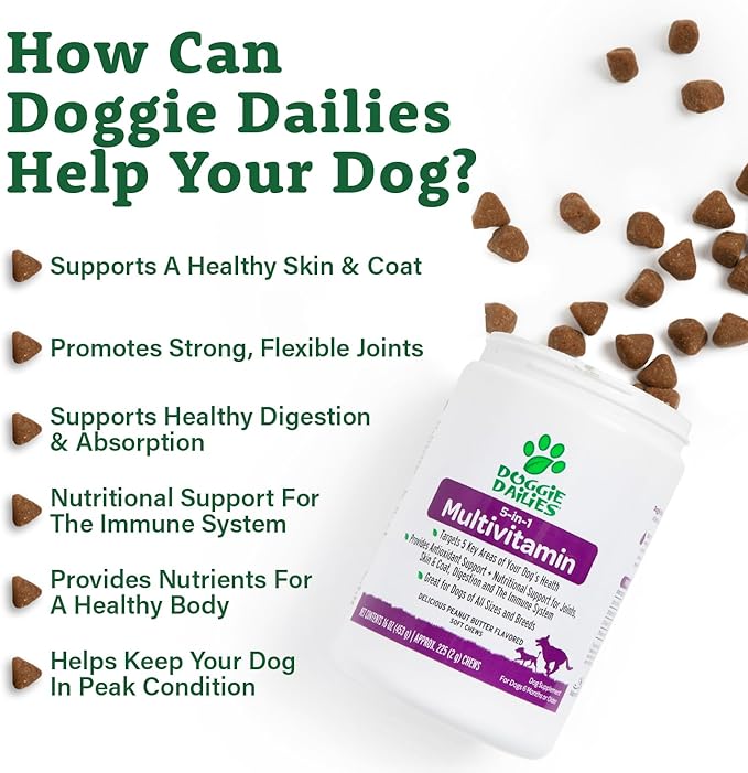 Doggie Dailies 5 in 1 Multivitamin for Dogs, Dog Multivitamin for Skin and Coat Health, Joint Health, Improved Digestion, Antioxidants, Support a Healthy Immune System (Peanut Butter) 225 Soft Chews-PurrikoPets