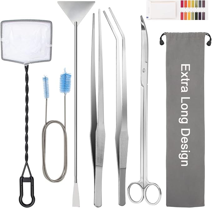Extra Long Aquarium Aquascaping Tools Kit 8 in 1, Liveek Stainless Steel Aquarium Plant Tools Long Fish Tank Aquascape Tweezers Scissors Scrapers, PH Paper, Fish Net, Aquascape Clean Brush, Bag-PurrikoPets