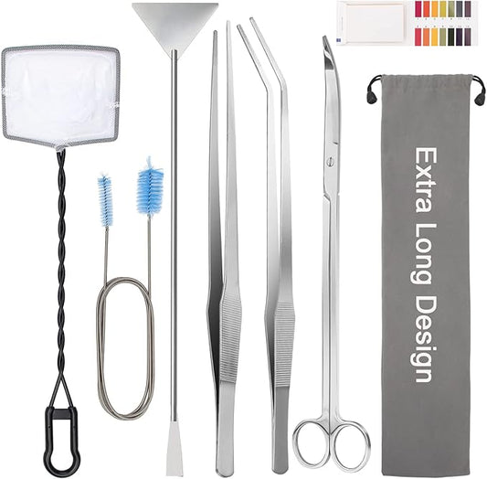 Extra Long Aquarium Aquascaping Tools Kit 8 in 1, Liveek Stainless Steel Aquarium Plant Tools Long Fish Tank Aquascape Tweezers Scissors Scrapers, PH Paper, Fish Net, Aquascape Clean Brush, Bag-PurrikoPets
