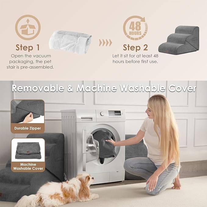 EHEYCIGA Curved Foldable Dog Stairs Ramp for Small Dogs 16" H, 3-Step Dog Steps for Couch Sofa and Chair, Pet Stairs for Cats, Non-Slip Balanced Pet Steps Indoor, Grey-PurrikoPets