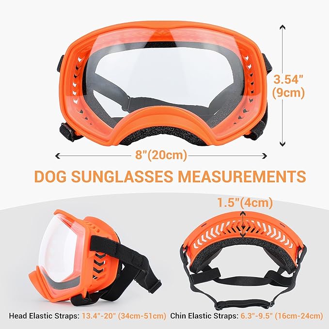 Dog Sunglasses UV Protection Clear Dog Goggles Windproof Glasses with Elastic Straps for Medium-Large Breed, Orange Frame + Clear Lens-PurrikoPets