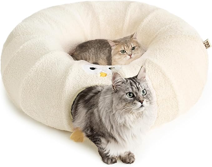 EHEYCIGA Cat Tunnel Bed for Indoor Cats, Cute Cat Donut Toy Tunnel for Small Large Cats with Washable Circle Cushion, Peekaboo Pet Cave Play Tunnel for Kitten, Puppy, Rabbit-PurrikoPets