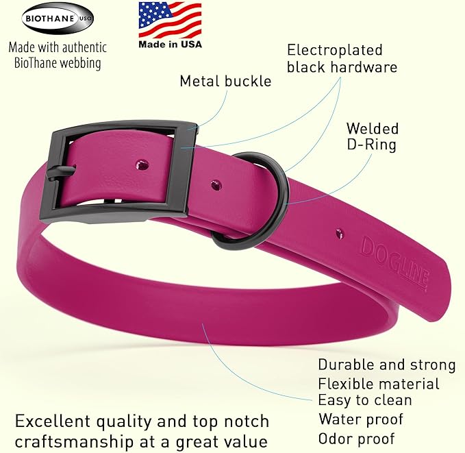 Dogline Biothane Waterproof Dog Collar Strong Coated Nylon Webbing with Black Hardware Odor- Proof for Easy Care Easy to Clean High Performance Fits Small Medium or Large Dogs, Magenta Pink-PurrikoPets