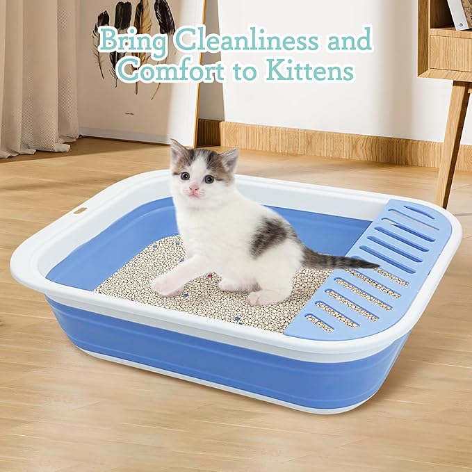 Fhiny Cat Litter Box Portable Shallow Litter Box 17.7"x13.4"x4.9" Foldable Cat Toilet with Scoop Open Kitty Potty Pan with Litter Drop Pedal Easy to Clean Travel Kitten Toilet(Blue)-PurrikoPets