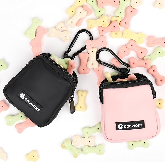 Dog Treat Pouch 2 PCS, Waterproof Small Dog Treat Bag for Leash, Hands Free Dog Walking Bag with Carabiner, Dog Poop Bag Holder for Pet Puppy Travel or Outdoor Use, Zipper Closure to Avoid Spilling-PurrikoPets