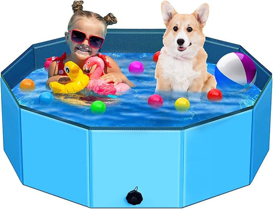 Foldable Dog Pool - 48" x 12" Anti-Slip Portable Dog Swimming Pool, Hard Plastic Collapsible Kiddie Pool for Outdoor and Indoor for Pets Dogs Cats and Kids-PurrikoPets