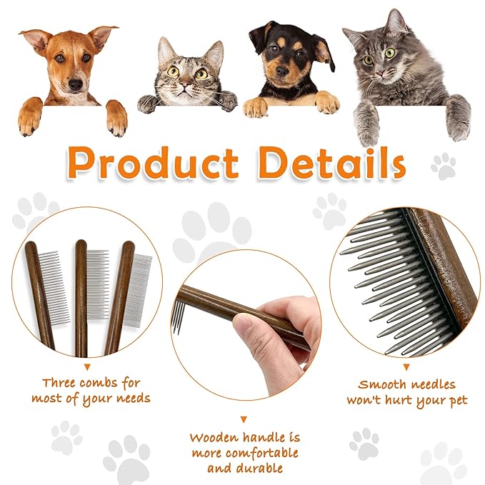 3 Pack Solid Wood Cat Combs, Stainless Steel Teeth for Cat Dog Rabbit Massage, Flea Lice Comb Removes Mats, Tangles and Loose Fur, Grooming Comb for Small Medium Pets-PurrikoPets