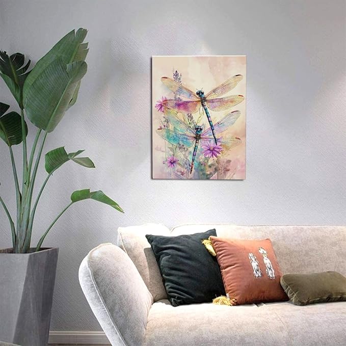Dragonfly Bathroom Pictures Wall Art, Floral Bathroom Wall Decor, Framed Painting Canvas Artwork for Bedroom Living Room Decorations 16"L x 12"W-PurrikoPets