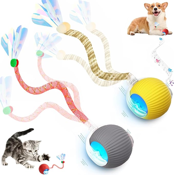 2 Packs Speed 2.0 Tail Interactive Cat Toys for Indoor Cats, Chirping & Motion Activate Ca t Toy, Smart Kitten Rolling Ball Moving Ball Toys, Rechargeable Dog Cat Bal l for Enrichment Exercise-PurrikoPets