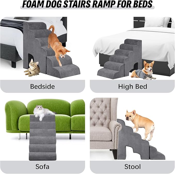 6 Step Dog Stairs&Steps 29 Inches Tall Up to 29-32 Inches High Bed, Dog Ramp Cat Stairs Pet Ladder for Small Medium Dogs, Doggie, Old Cats, Kitty, Grey-PurrikoPets