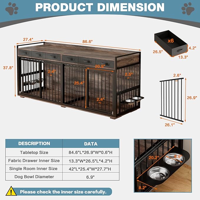 86.6Inch Large Double Dog Crate Furniture,Heavy Duty Metal Frame Dog Crate Kennel with Adjustable Feeder Bowls and Removable Divider&Drawers,Chew-Resistant Dog Kennel for 2 Dogs Indoor-PurrikoPets