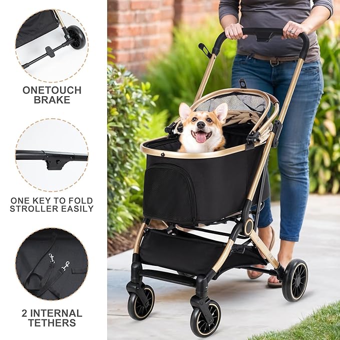 3 in 1 Pet Stroller with 4 Wheels, Foldable Pet Travel Carrier for Small/Medium Dogs Cats up to 50lbs, Detachble Portable Pet Bag, Storage Basket-PurrikoPets