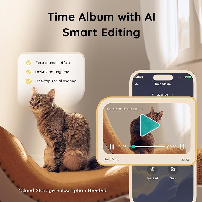 2K Pet Camera Treat Dispenser, AI Photo Album, Dog Camera with 360° Auto Tracking & 5G/2.4G WiFi, 2-Way Talk, Remote Treat Tossing, Motion Alerts for Cats Indoor-PurrikoPets