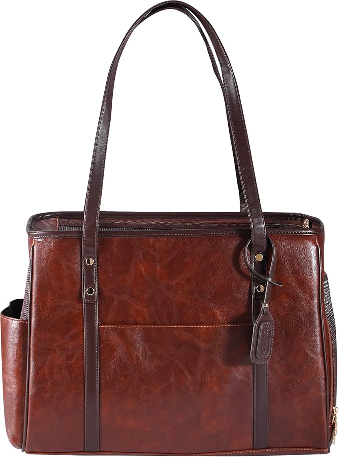 Fashion Dog Carrier Purse, Premium Leather Cat Carrier Bag, Airline Approved Soft Sided Pet Travel Tote Bag with Pockets Coffee-PurrikoPets