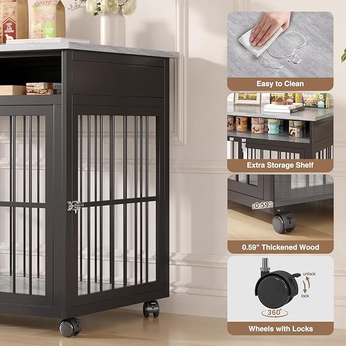 39.4" Dog Crate Furniture for Medium and Large Breed, Dog Kennel Furniture with Storage Shelf & Lockable Wheels, Heavy Duty Wooden End Side Table Pet Cage Indoor, Chew-Resistant, Grey-PurrikoPets