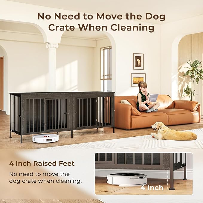 78 Inch Dog Cage Furniture for 2 Large/Medium Dogs with Removable Divider, Extra Large Double Doors Dog Kennel, XXL Thick Wooden Dog cage Furniture, Durable and Sturdy, Dark Grey-PurrikoPets