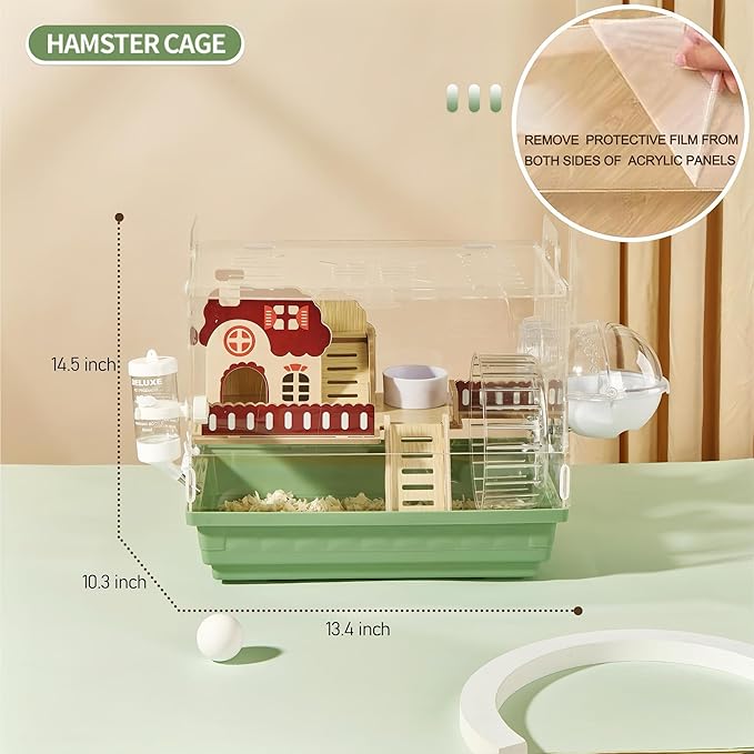 8 in 1 Clear Acrylic Hamster Cage with All Accessories,13.5''L* 10''W* 13''H Dwarf Hamster Cage,Small Hamster Habitat,Garden Style Mouse Cage for Pet Mice,Hamster Enclosure with Stairs(1-Layer)-PurrikoPets
