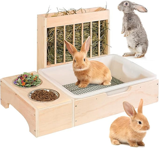 3 in 1 Extra Large Rabbit Hay Feeder with Litter Box, Wooden Bunny Toilet, for Large and Medium-Sized Dwarf Rabbit, Guinea Pig, Chinchillas, Hamster, Ferret, Other Animals-PurrikoPets