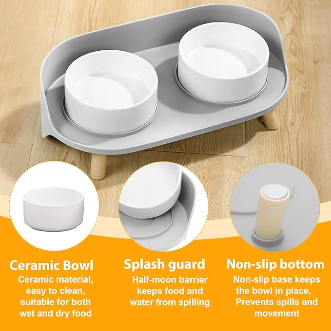 Elevated Dog Bowls Set, Ceramic Pet Food & Water Bowls with Non-Slip Stand, No Spill Design for Cats/Small Medium Dogs Gray-PurrikoPets