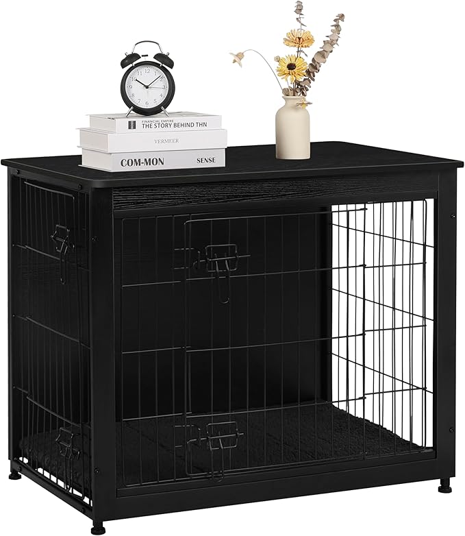 DWANTON Dog Crate Furniture with Cushion, Wooden Kennel Table with Double Doors, Indoor Dog House, Medium Size, 32.5" L, Black-PurrikoPets