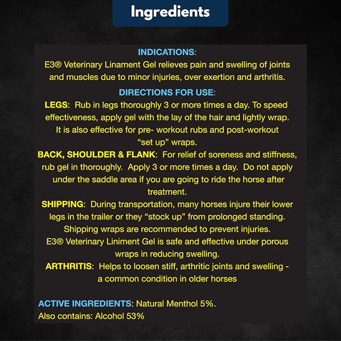 E3 Veterinary Strength Liniment Gel for Sore Muscle & Joint Relief - Reduces Pain & Swelling - Horse Liniment for Humans & Pets - Arthritis Aid - Non-Greasy Herbal Formula- Topical Analgesic-PurrikoPets
