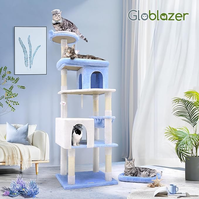 Globlazer Heavy Duty Cat Trees for Large Cats, Sturdy 72in Maine Coon Cat Tree for Large Cats 20 lbs+ Heavy Duty Cat Tower for Adult Biggest Cat with 6 Scratching Posts, Hammock, S72, Ocean Blue-PurrikoPets