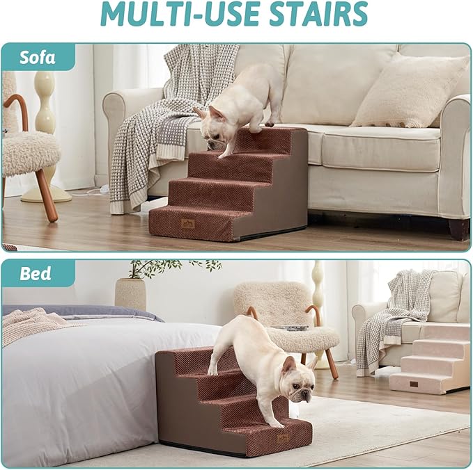 Dog Stairs for Small Dogs, 4 Tier Wider Pet Stairs for Couch and Beds, 17.7" H Non-Slip Dog Steps for Old Cats, Puppy, Small Medium Dogs, 17.7x23.6x17.7 inch, Brown-PurrikoPets