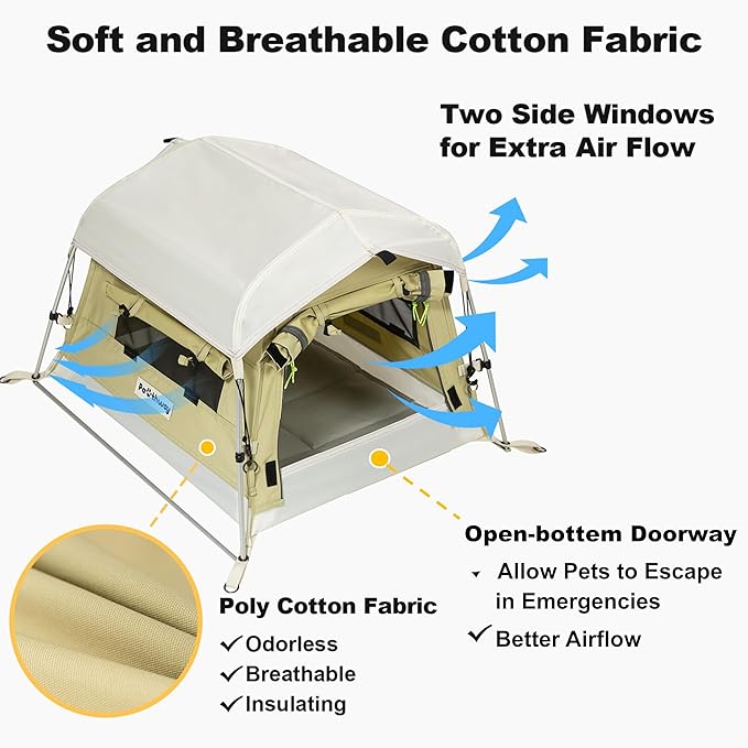 Dog Tent Cotton Fabric, Aluminum Poles and Camping Mat, Outdoor Weatherproof, Dog House Outdoor, Breathable with 2 Side Windows, Portable and Collapsible (Green, Small)-PurrikoPets