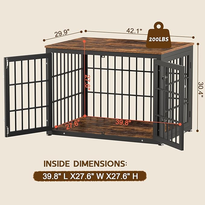 42 Inch Heavy Duty Dog Crate Furniture for Large and Medium Dogs, Decorative Pet House End Table, Wooden Cage Kennel Furniture Indoor, Rustic Brown-PurrikoPets