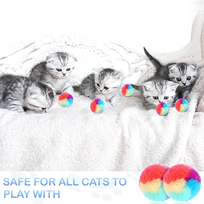 30 Pcs Soft Plush Cat Ball 1.2-inch Rainbow Cat Toy Balls Fuzzy Kitty Balls Kitten Puff Balls Colorful Cat Pom Pom Balls for Cat Kitten Pet Playing Exercising-PurrikoPets