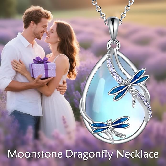 KQF Dragonfly/Butterlfy/Cat/Jellyfish/Bunny/Axolotl/Bee/Mermaid/Hummingbird/Elephant Necklace for Women Sterling Silver Moonstone Pendant Necklace Dragonfly Jewelry Gifts for Women