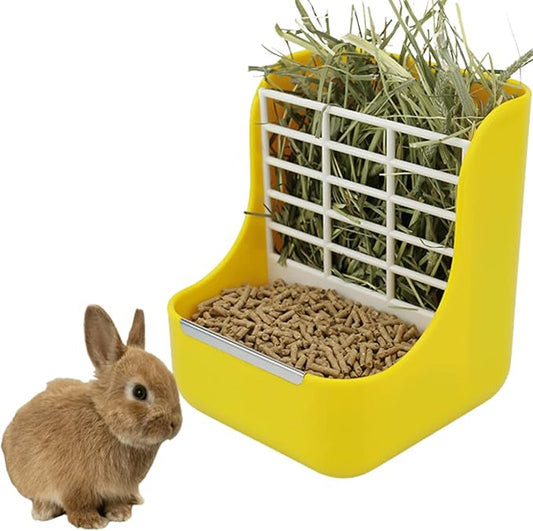 2 in 1 Food Hay Feeder for Guinea Pig, Rabbit Feeder, Indoor Hay Feeder for Guinea Pig, Rabbit, Chinchilla, Feed Bowls Use for Grass & Food (Yellow)-PurrikoPets