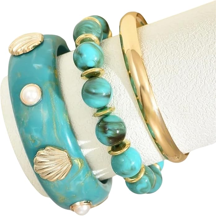 1 Set Bold Sea Inspired Multilayer Stackable Bracelet With Shell Waved Design Lightweight Resin Iron Jewelry For Women